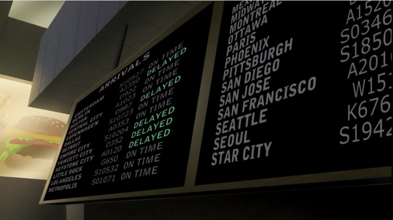 How else do we know this arrivals chart is fiction? Most of the planes are on time